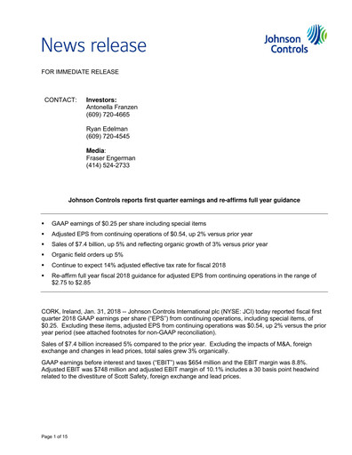 Thumbnail Johnson Controls
 Quarterly Report 2018-q1