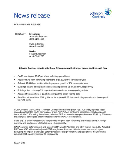 Thumbnail Johnson Controls
 Quarterly Report 2018-q2