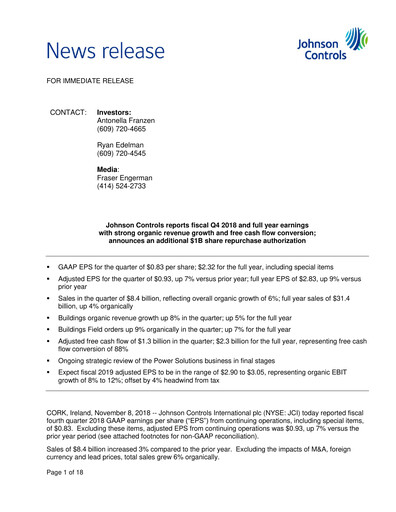 Thumbnail Johnson Controls
 Quarterly Report 2018-q4