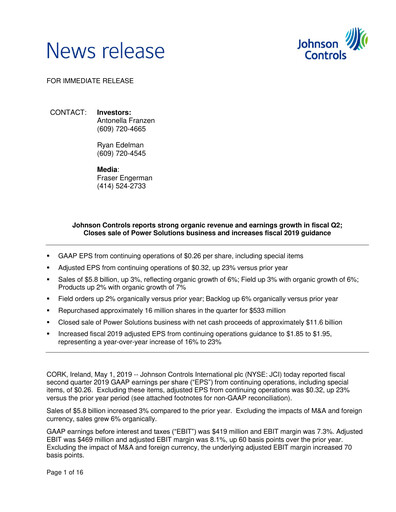 Thumbnail Johnson Controls
 Quarterly Report 2019-q2