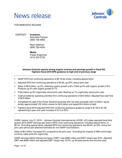 Thumbnail Johnson Controls
 Quarterly Report 2019-q3