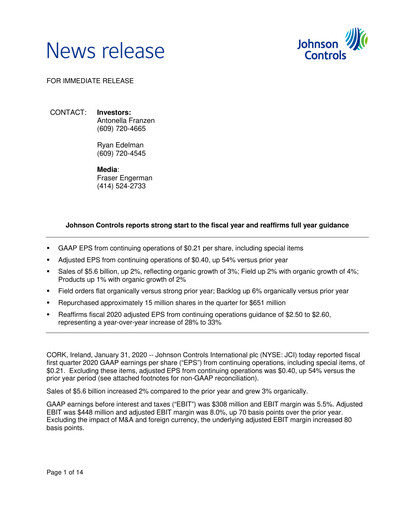 Thumbnail Johnson Controls
 Quarterly Report 2020-q1