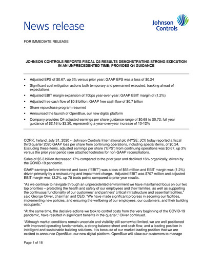 Thumbnail Johnson Controls
 Quarterly Report 2020-q3