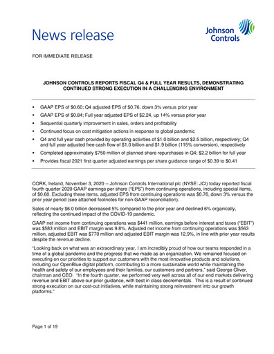 Thumbnail Johnson Controls
 Quarterly Report 2020-q4