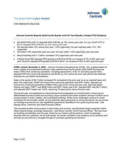 Thumbnail Johnson Controls
 Quarterly Report 2022-q4