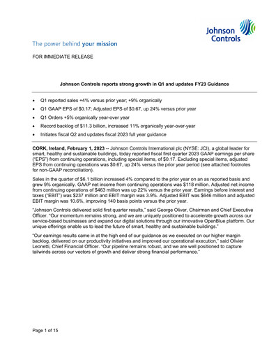 Thumbnail Johnson Controls
 Quarterly Report 2023-q1