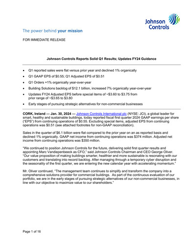 Thumbnail Johnson Controls
 Quarterly Report 2024-q1