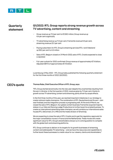 Thumbnail RTL Group
 Quarterly Report 2022-q1