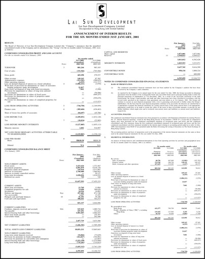 Thumbnail Lai Sun Development Company Half-year Report 2001-h1