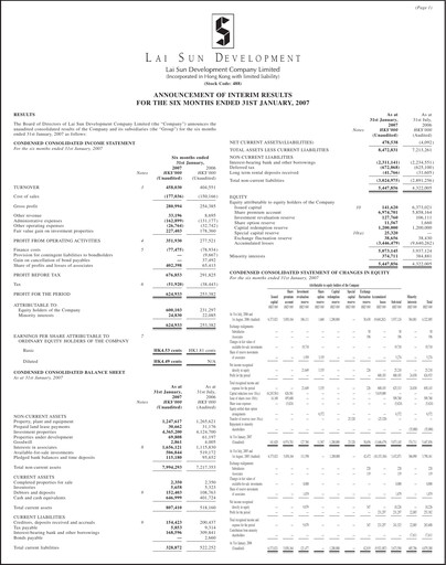 Thumbnail Lai Sun Development Company Half-year Report 2007-h1