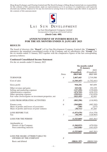 Thumbnail Lai Sun Development Company Half-year Report 2023-h1