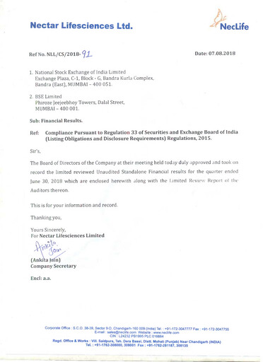 Thumbnail Nectar Lifesciences
 Quarterly Report 2018-q2