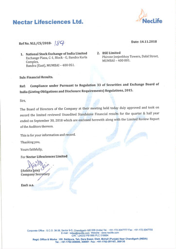 Thumbnail Nectar Lifesciences
 Quarterly Report 2018-q3