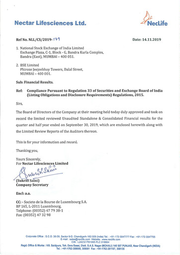 Thumbnail Nectar Lifesciences
 Quarterly Report 2019-q3