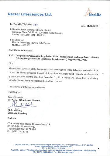 Thumbnail Nectar Lifesciences
 Quarterly Report 2019-q4