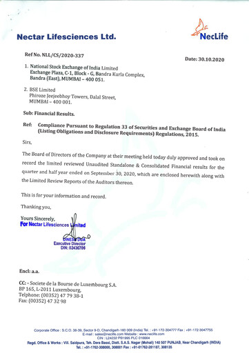 Thumbnail Nectar Lifesciences
 Quarterly Report 2020-q3