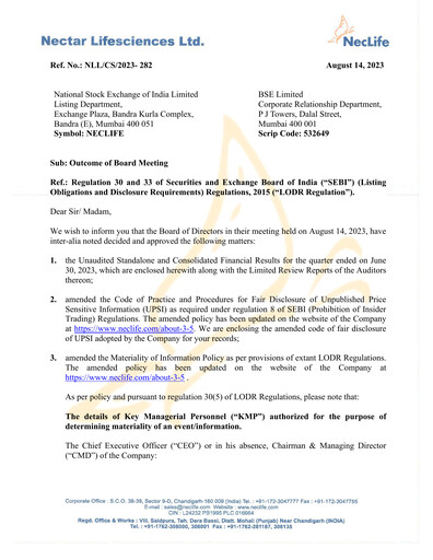 Thumbnail Nectar Lifesciences
 Quarterly Report 2023-q2