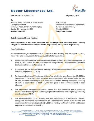 Thumbnail Nectar Lifesciences
 Quarterly Report 2024-q2