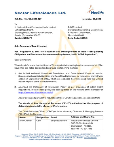 Thumbnail Nectar Lifesciences
 Quarterly Report 2024-q3