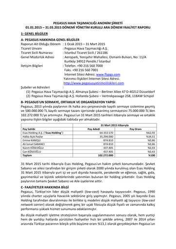 Miniature Pegasus Airlines
 Rapport trimestriel 2015-q1