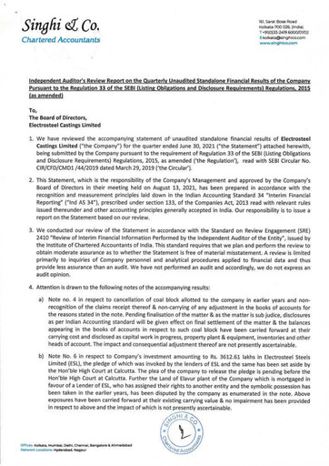 Vorschaubild Electrosteel Castings
 Quartalsbericht 2021-q1