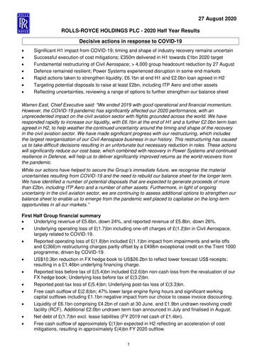Thumbnail Rolls-Royce Holdings Financial Statement 2020-h1