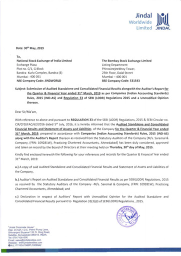 Thumbnail Jindal Worldwide
 Financial Report 2018-2019