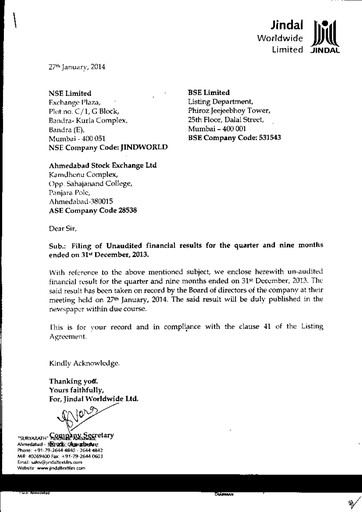 Thumbnail Jindal Worldwide
 Quarterly Report 2013-q3