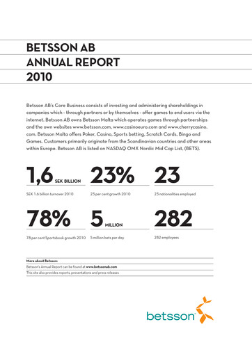 Thumbnail Betsson AB Annual Report 2010