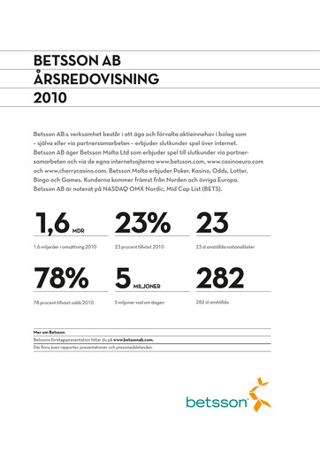 Thumbnail Betsson AB Annual Report 2010