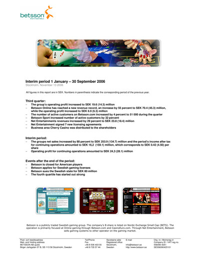 Thumbnail Betsson AB Quarterly Report 2006-q3