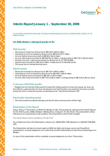 Thumbnail Betsson AB Quarterly Report 2008-q3