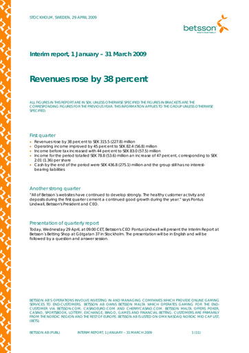 Thumbnail Betsson AB Quarterly Report 2009-q1