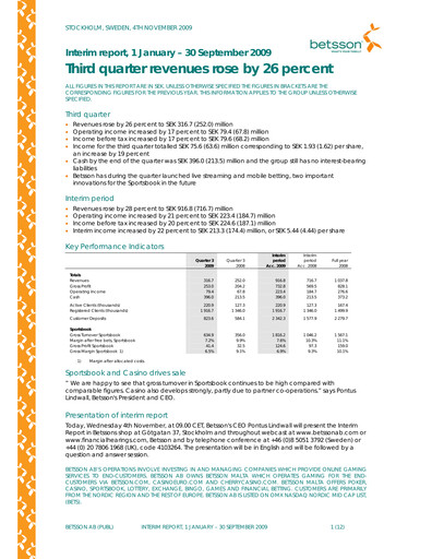 Thumbnail Betsson AB Quarterly Report 2009-q3
