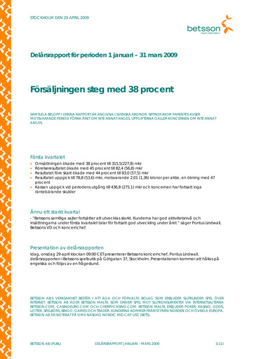 Thumbnail Betsson AB Quarterly Report 2009-q1
