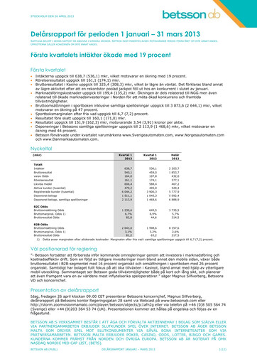 Thumbnail Betsson AB Quarterly Report 2013-q1