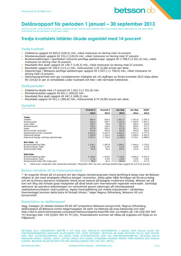 Thumbnail Betsson AB Quarterly Report 2013-q3