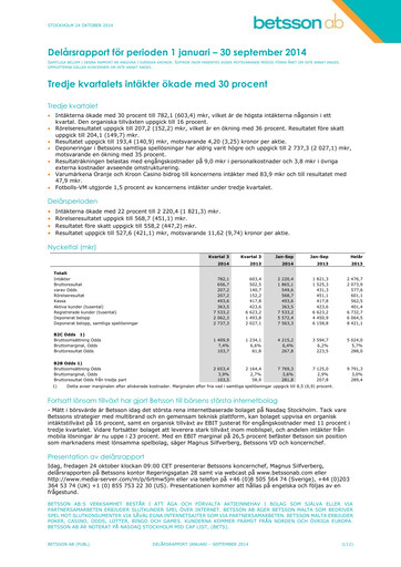 Thumbnail Betsson AB Quarterly Report 2014-q3