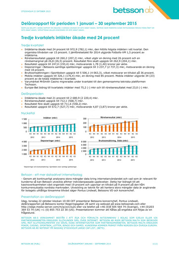 Thumbnail Betsson AB Quarterly Report 2015-q3