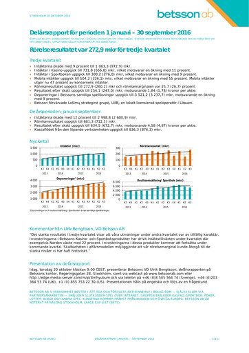 Thumbnail Betsson AB Quarterly Report 2016-q3