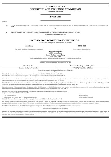 Miniature Altisource Portfolio
 Rapport annuel 2014
