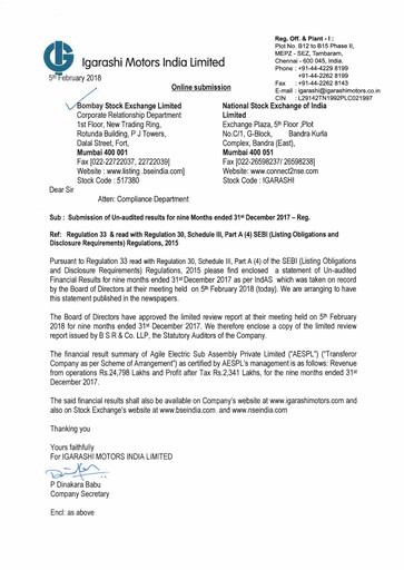 Miniature Igarashi Motors India Rapport trimestriel 2017-q3