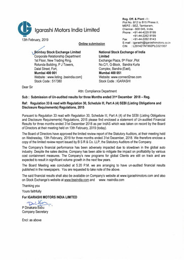 Miniature Igarashi Motors India Rapport trimestriel 2018-q3