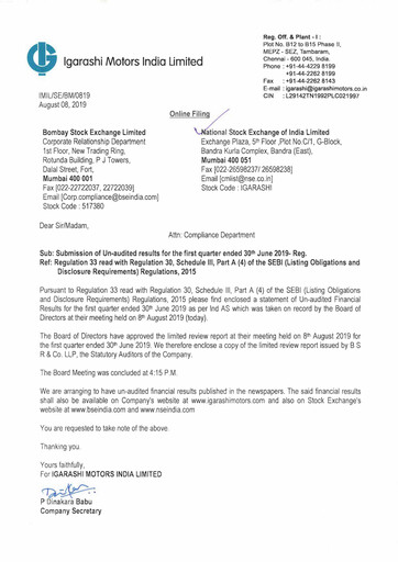 Miniature Igarashi Motors India Rapport trimestriel 2019-q1