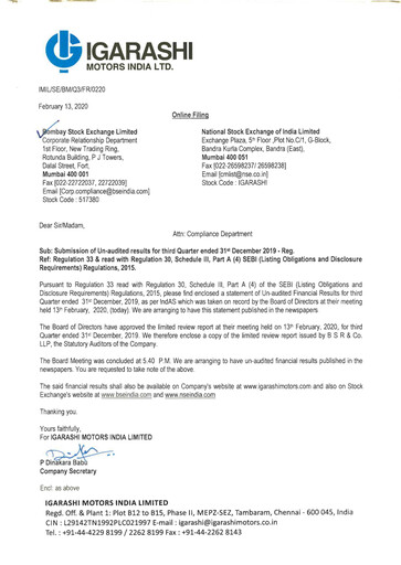 Miniature Igarashi Motors India Rapport trimestriel 2019-q3