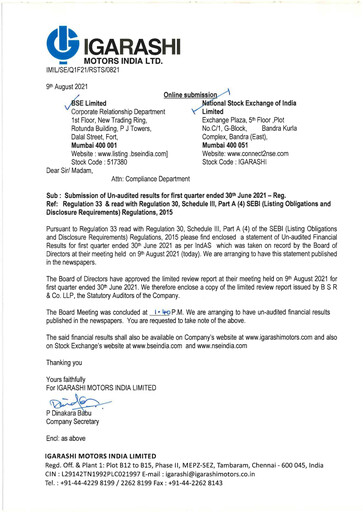 Miniature Igarashi Motors India Rapport trimestriel 2021-q1