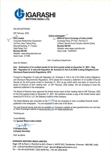 Miniature Igarashi Motors India Rapport trimestriel 2021-q3