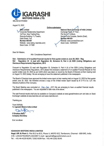 Miniature Igarashi Motors India Rapport trimestriel 2022-q1