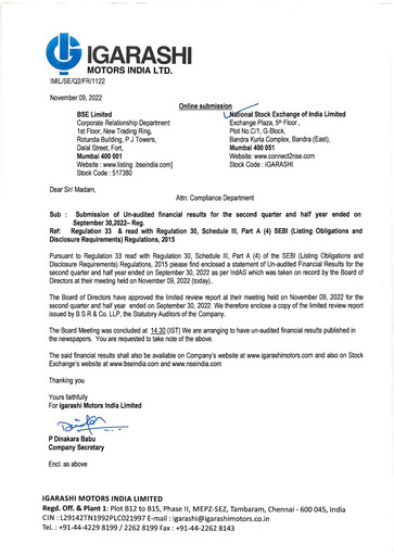 Miniature Igarashi Motors India Rapport trimestriel 2022-q2