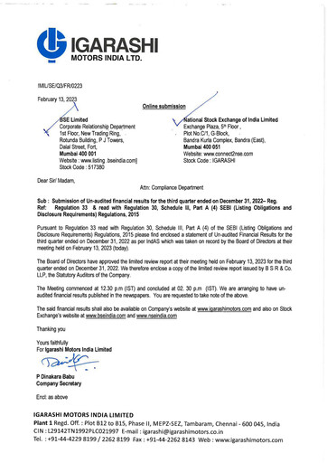 Miniature Igarashi Motors India Rapport trimestriel 2022-q3